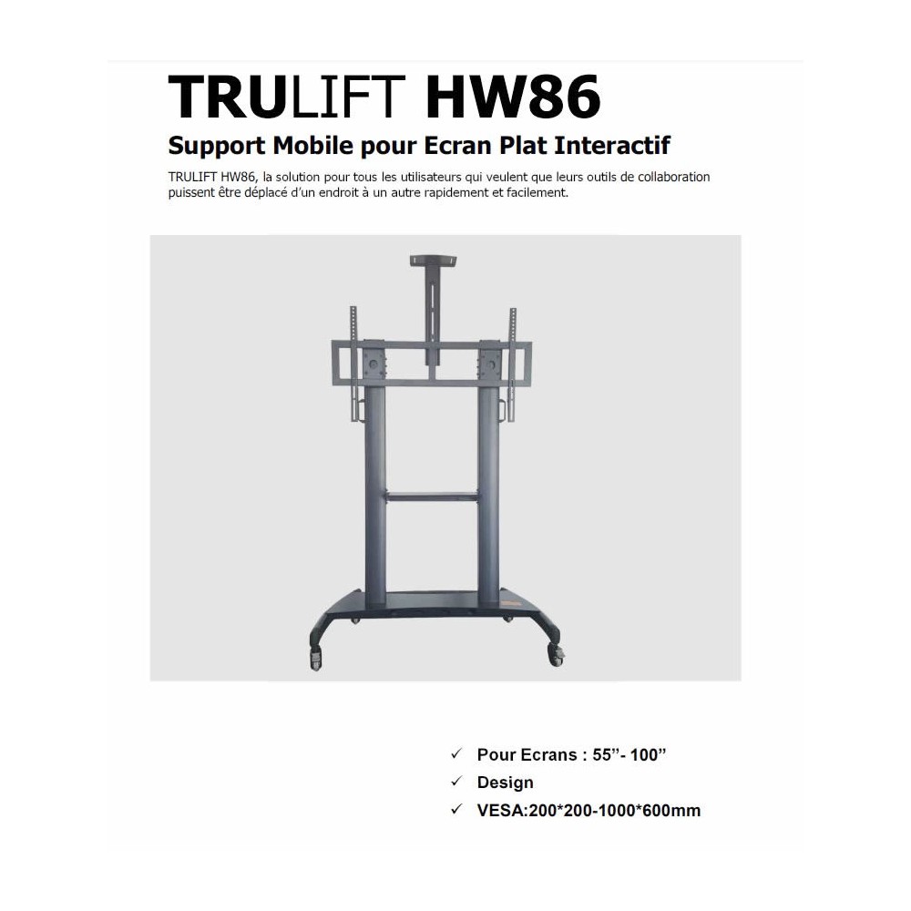 TRULIFT HW86,chariot mobile ecran tactile, support ecran à roulette